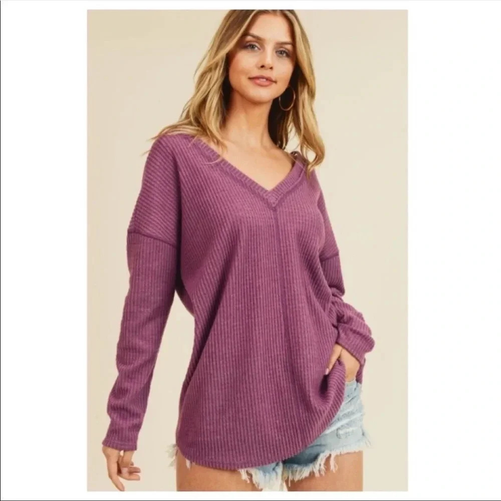 Oversized Plum Waffle Knit V-Neck Top | Soft Brushed Long Sleeve Pullover - Picture 4 of 7
